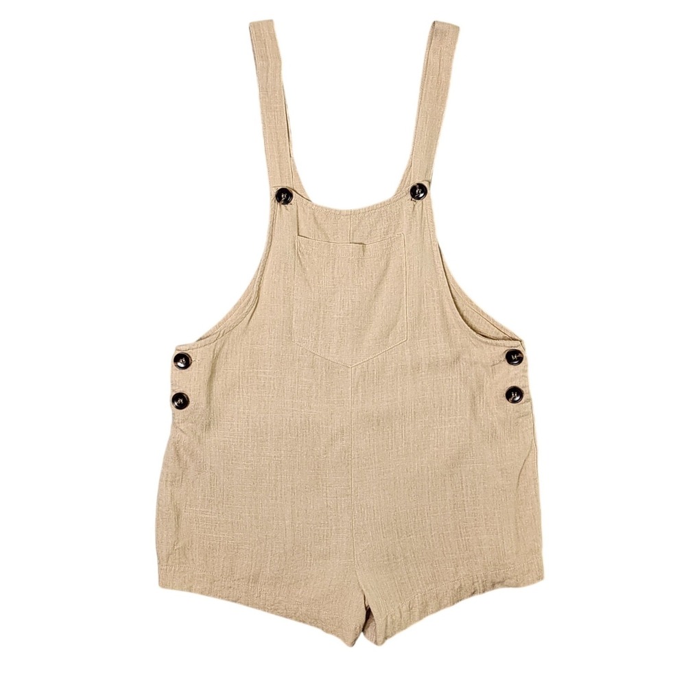 Lulus Linen Blend Romper Overalls Shorts Beige Tan Button Strap Size Small
